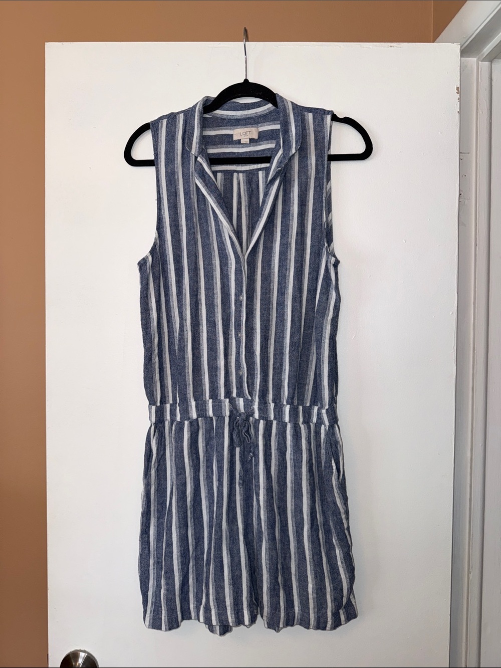 LOFT Linen Navy and White Striped Sleeveless Romper